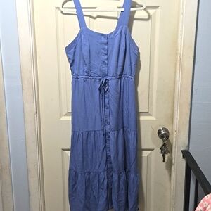 Lucky Brand Blue Sweetheart Neck Button Front Tiered Midi Dress Sz L Rayon Lined